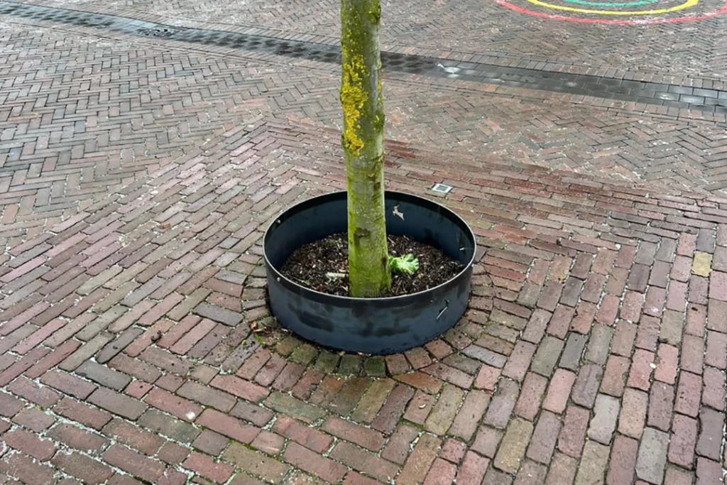 cortenstaal boomring op straat