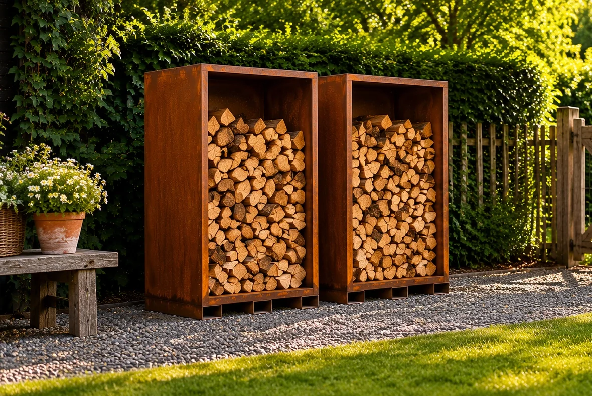 Cortenstaal houtopslag in een tuin